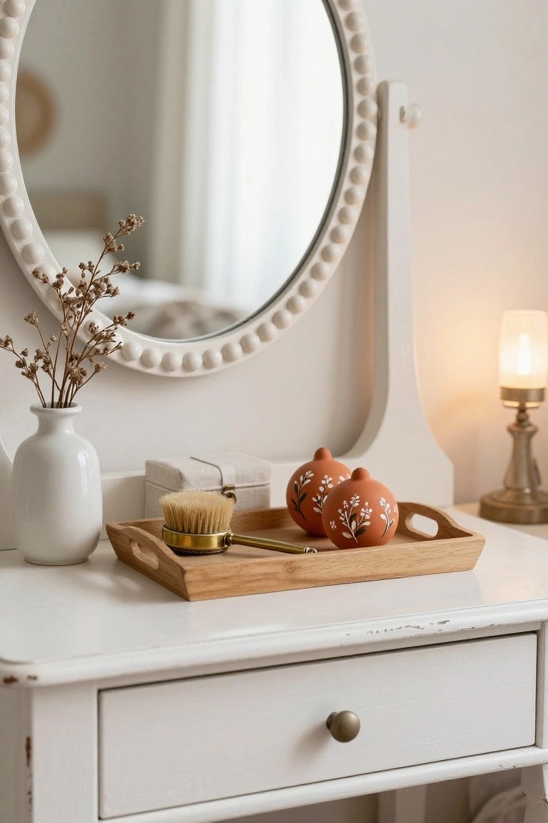 White wooden vanity table topped with a wooden tray holding two orange terracotta balls painted with white leaves, a brass-handled brush, beside a white vase of dried branches, fabric box, and brass lamp, with a large round pearl-beaded mirror.