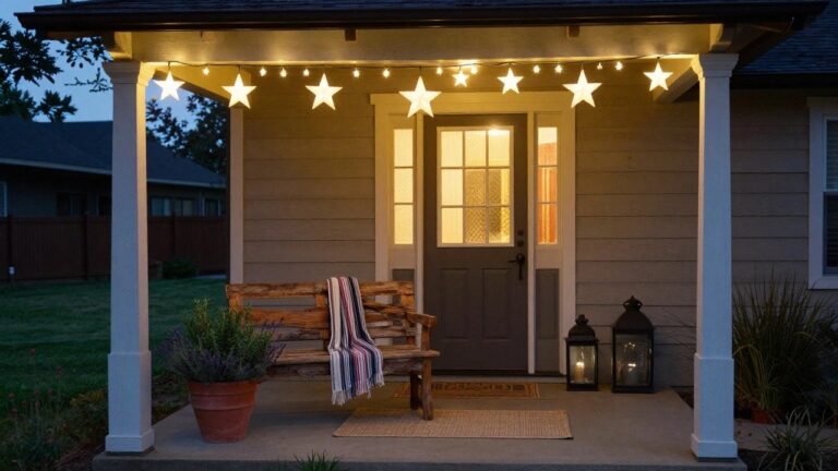 23 Paper Star Christmas Light Ideas That Bring Whimsical Beauty to Any Space Gray clapboard house porch at dusk with dark wood front door, wooden bench draped in striped blanket, terracotta pots with plants including rosemary and lavender, string lights with hanging white paper stars along the ceiling, lanterns, and seagrass doormat.