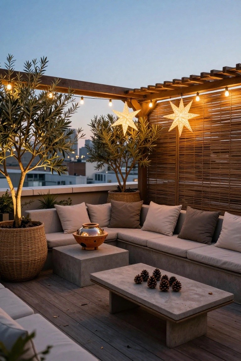 Rooftop terrace featuring a wooden pergola strung with large glowing paper star lanterns and string lights, potted olive trees, beige L-shaped sofa, concrete coffee table with pine cones, woven basket planters, and orange fire pot at dusk with city buildings in background.
