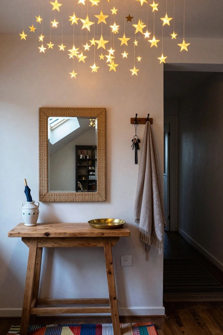 Entryway interior with numerous glowing paper star lights hanging from the ceiling above a wooden console table holding a white vase and brass tray, beside a rattan-framed mirror and coat hooks with keys and a towel.