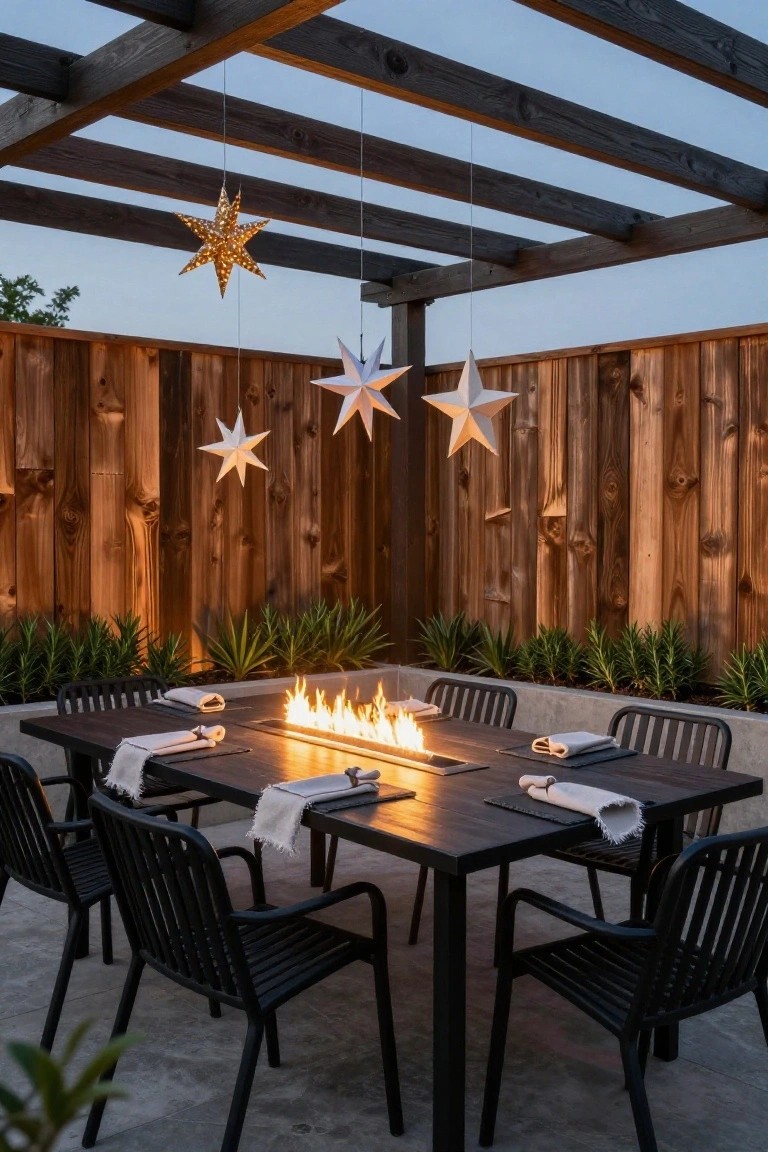Wooden pergola with suspended gold and white paper star lights over a black dining table with linear gas fire pit, black chairs, linen napkins, wooden fence backdrop, and succulent plants in raised beds.