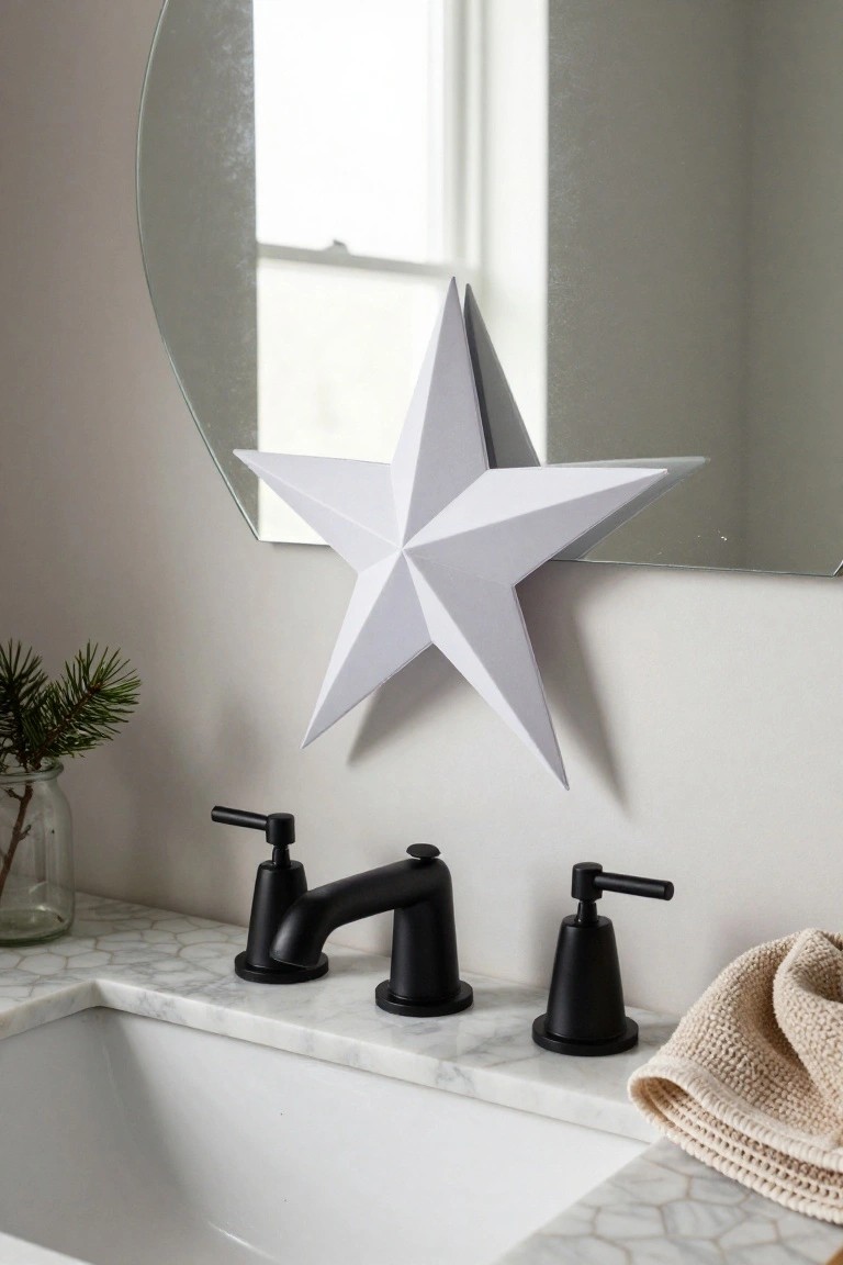 A large white paper star mounted on the wall above a white bathroom sink with black faucets on a marble countertop, beside a round mirror and a jar with pine branches.