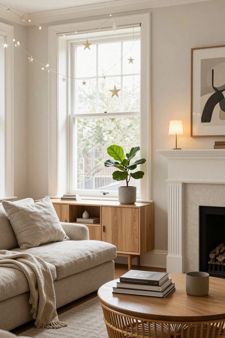 Light-filled living room with beige linen sofa draped in a throw, wooden media console under a large window, potted fiddle leaf fig plant, marble fireplace, rattan coffee table with books and mug, table lamp, abstract artwork, and fairy lights with hanging gold paper stars strung from ceiling to window.