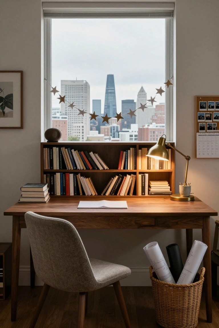 A home office with a wooden desk and gray upholstered chair, bookshelves stocked with books, a brass desk lamp, rolled papers in a wicker basket, and strings of white paper star garlands hanging across a large window showing a city skyline.