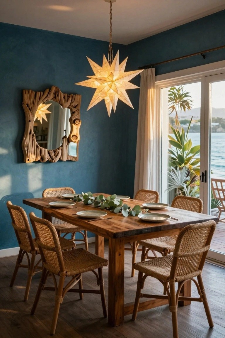 Dining room with blue walls, wooden table set with white plates and eucalyptus runner, rattan chairs, hanging white paper star lantern from ceiling, driftwood mirror reflecting smaller star light, and sliding doors to ocean view with plants.