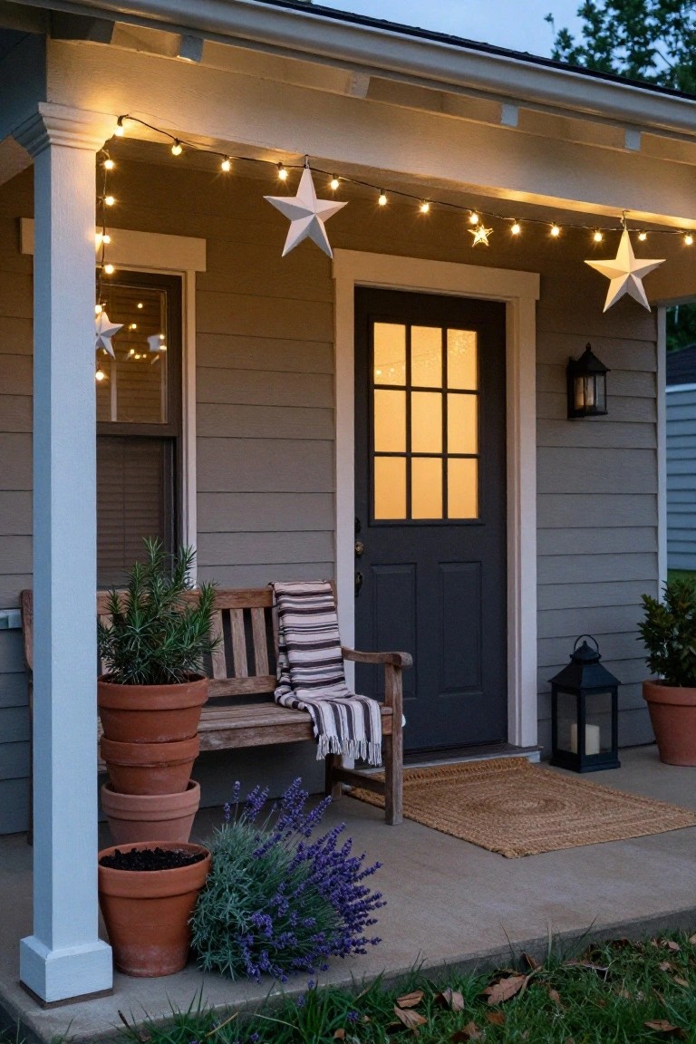 Gray clapboard house porch at dusk with dark wood front door, wooden bench draped in striped blanket, terracotta pots with plants including rosemary and lavender, string lights with hanging white paper stars along the ceiling, lanterns, and seagrass doormat.