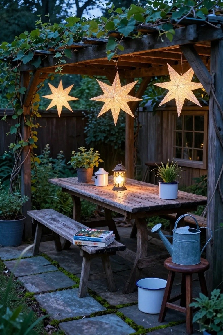 Wooden pergola draped in vines with three large glowing paper star lanterns hanging above a rustic table, benches, potted plants, lanterns, and watering cans on a stone patio at dusk.