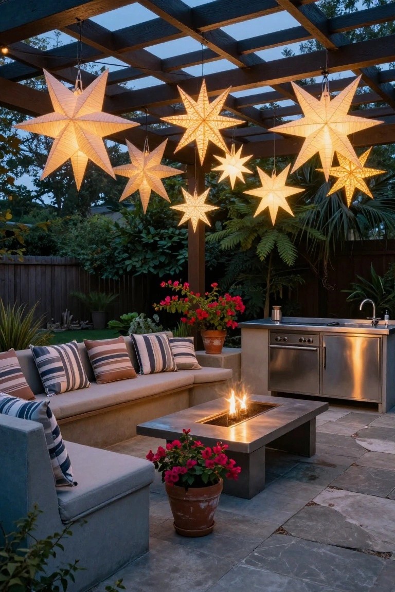 Wooden pergola-covered outdoor patio at dusk with multiple large white paper star lanterns hanging overhead, built-in cushioned bench seating around a metal fire table, potted plants, and adjacent stainless steel outdoor kitchen.