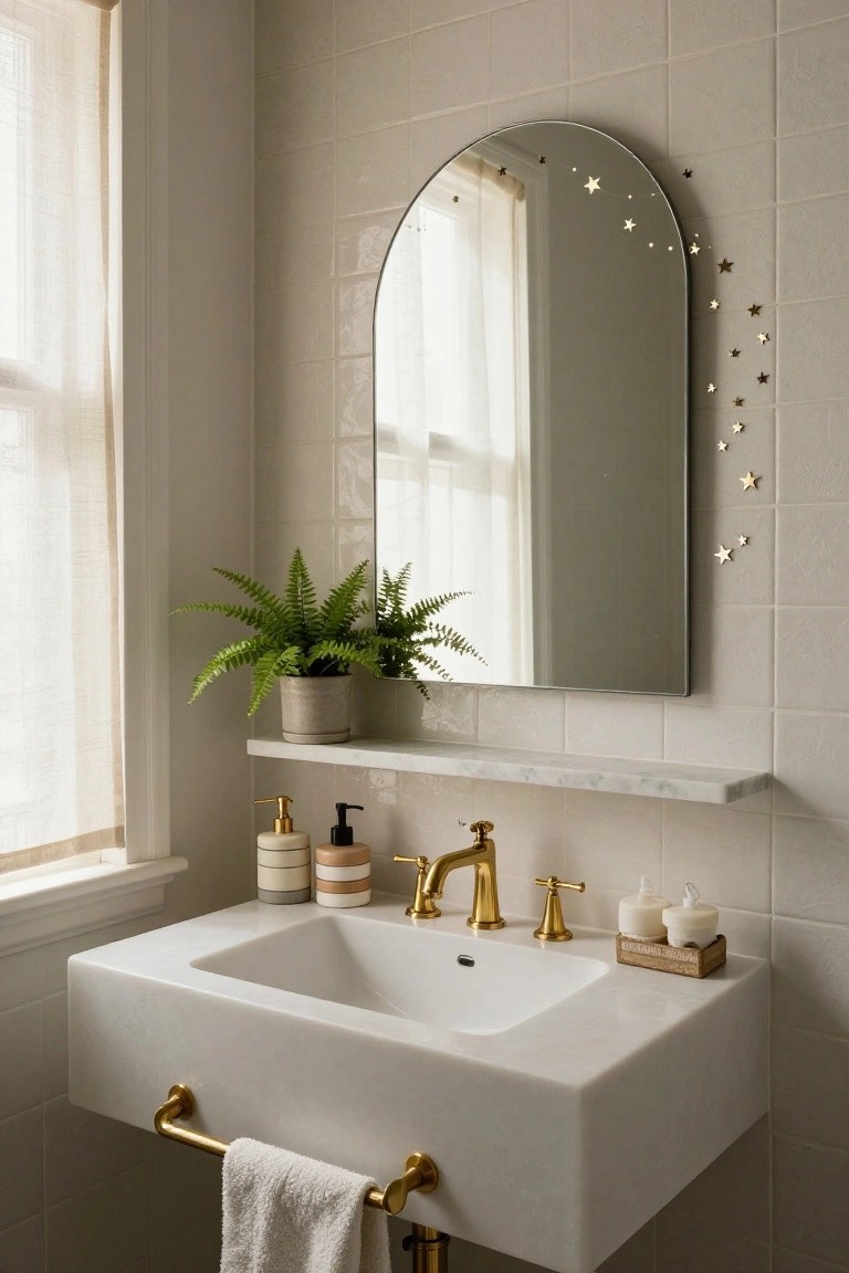 Arched mirror in a bathroom with gold paper star garlands draped around its edges, white sink with gold faucet and towel bar, marble shelf holding a potted fern and soap dispensers, and beige subway tile walls.