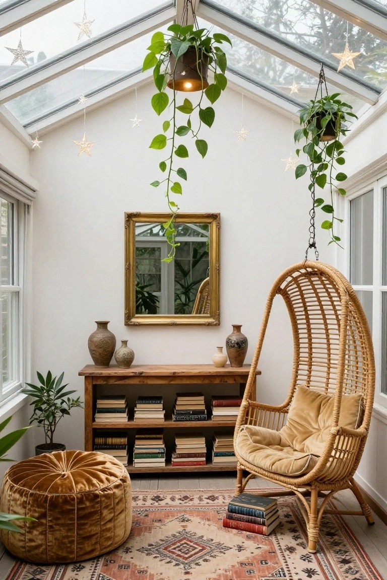 Sunroom with glass ceiling hung with white paper star lights, multiple hanging plants, gold-framed mirror, wooden console table holding vases and bookshelves, rattan egg chair with yellow cushions, and patterned rug on the floor.