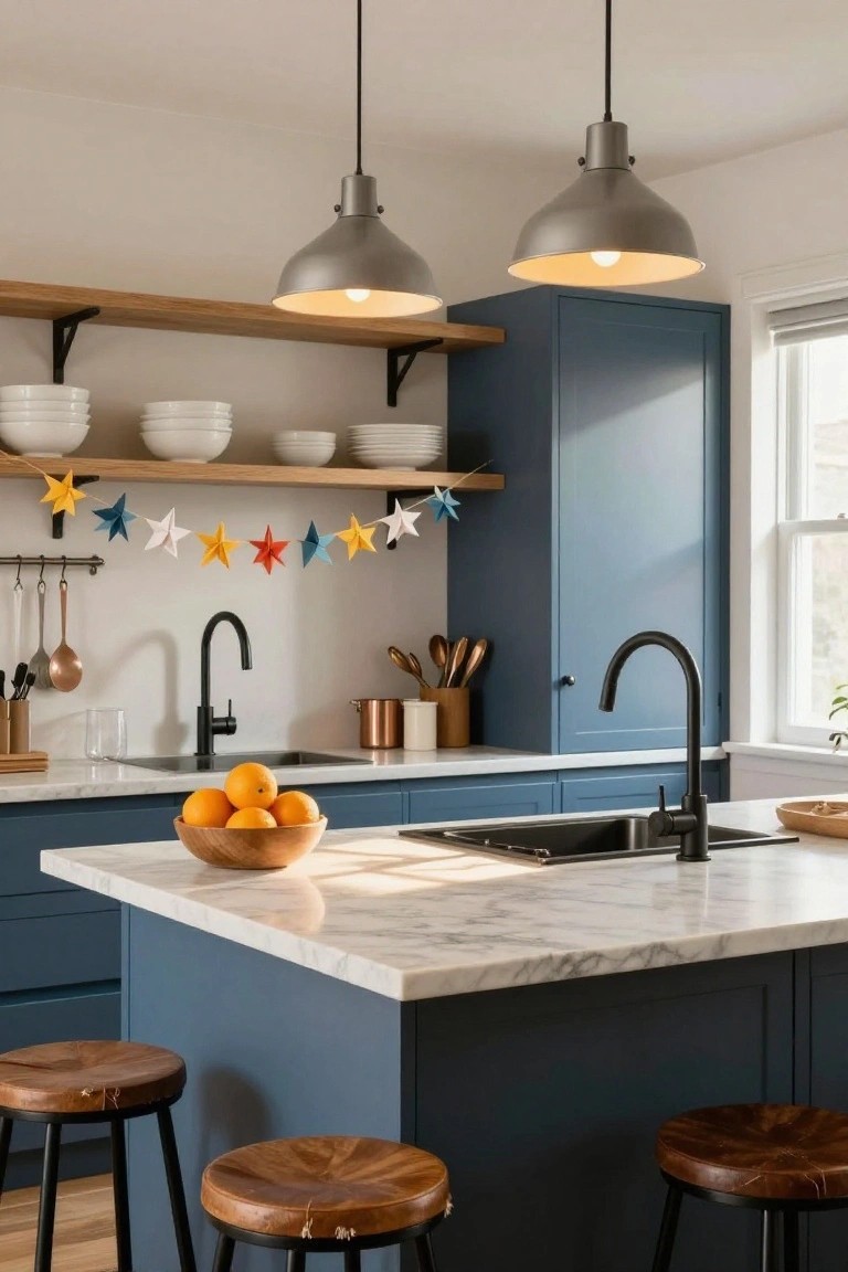 Modern kitchen interior featuring navy cabinets, white marble island with wooden bar stools, open wooden shelves holding white dishes, black sink faucets, and a multicolored paper star garland strung between shelves above the sink area.