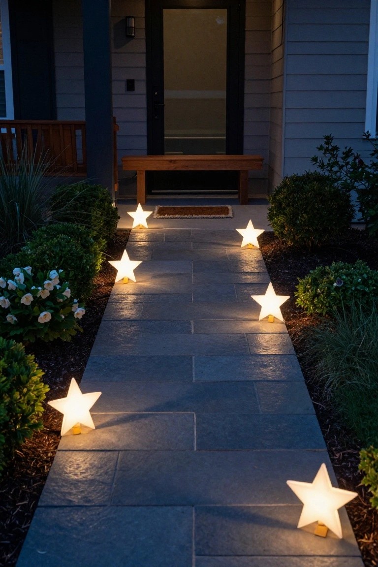 Stone walkway at night lined with large white glowing star-shaped lights leading to a house front door, bordered by shrubs, agave plants, and mulch.