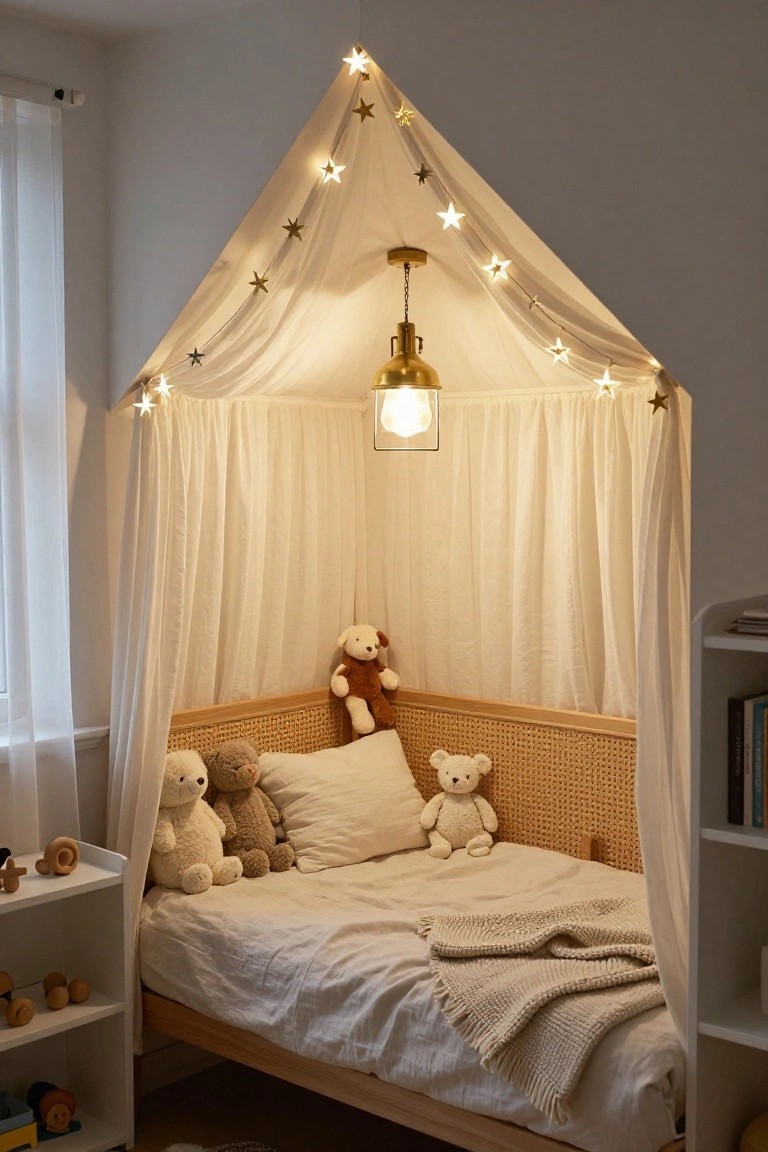 A child's wooden bed inside a white sheer fabric tent canopy strung with golden star fairy lights, teddy bears on pillows, wooden toys on shelves, and a pendant lamp hanging above.