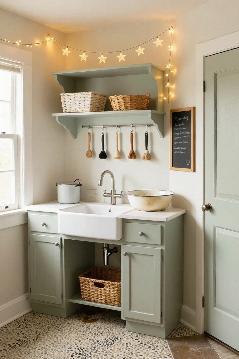 Sage green cabinets under a white farmhouse sink in a laundry room with wicker baskets, hanging wooden utensils, a chalkboard frame, star fairy lights strung along the upper wall, and pebble tile floor.