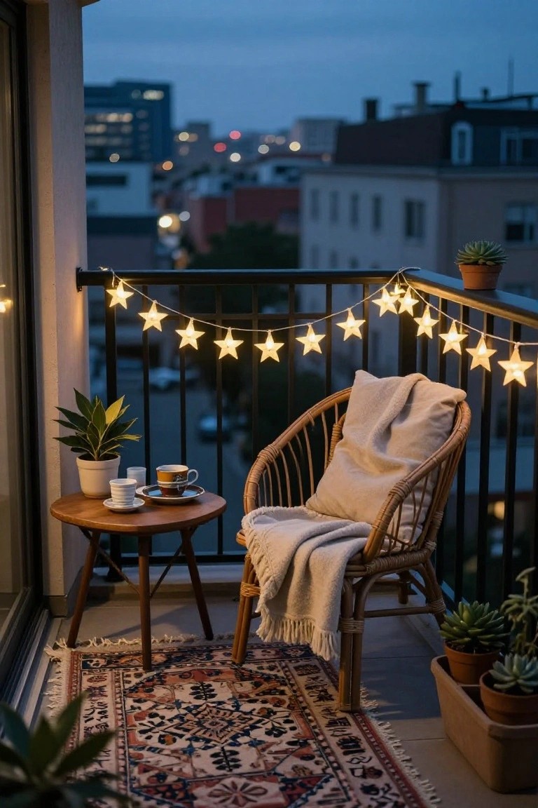 Balcony at dusk featuring a rattan armchair with cushions and blanket beside a small wooden table holding teacups and saucers, surrounded by potted plants, a patterned rug, and star-shaped string lights draped along the black metal railing, with a cityscape view in the background.