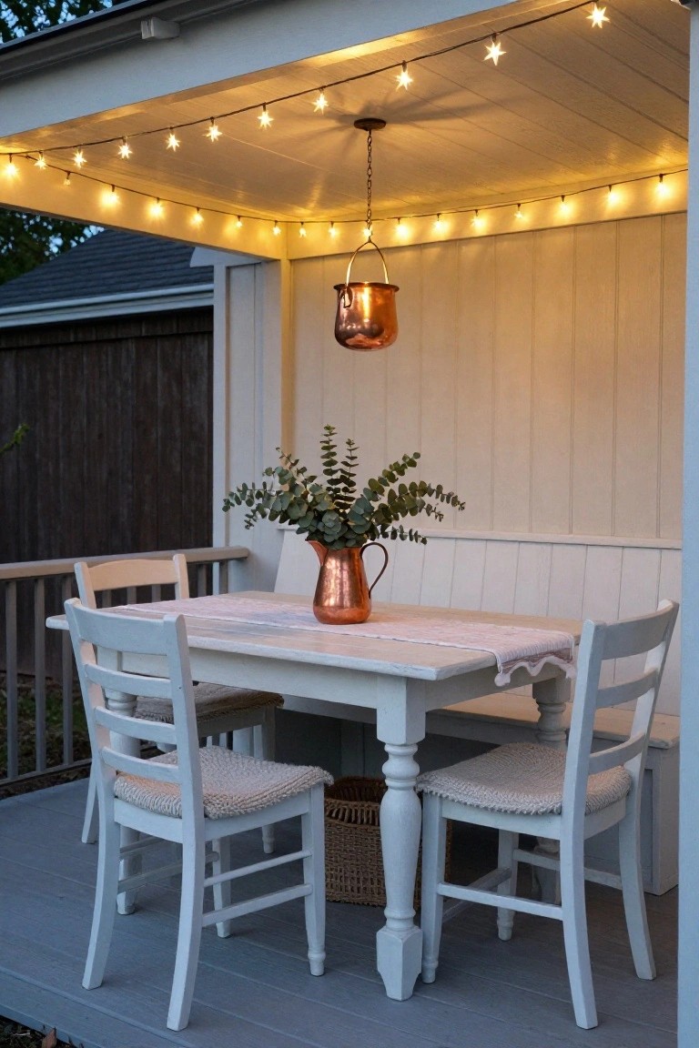 Covered outdoor porch with white wooden table, four chairs, built-in bench, copper pitcher of eucalyptus on table runner, hanging copper lantern, woven basket by table leg, and star-shaped string lights along white ceiling.
