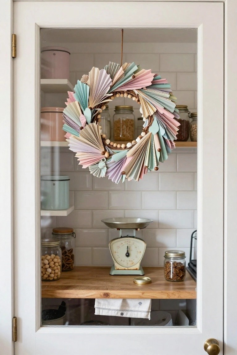 Bedroom interior with a large circular wreath of dried peach-colored flowers, eucalyptus, and grasses hung on a cream wall above a beige upholstered bed with white and linen pillows, rattan side table holding a white jug, gold wall light, framed photo, straw hat on hook, and window with beige towel nearby.