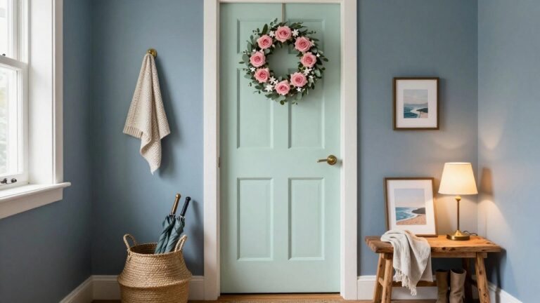 Sage green front door with a circular wreath of eucalyptus, peach roses, dried grasses, and a beige burlap bow, beside a wooden bench holding a woven tray with white bowl, stacked books, gold mirror, and umbrella.