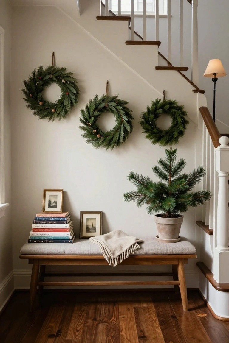 A large wreath of green eucalyptus leaves and white flowers with a white satin bow hangs centered on a white wall above a slim gold metal console table with wooden top, beige lamp, bowl of gold balls, ottoman with throw, and gold-framed botanical prints on adjacent walls.