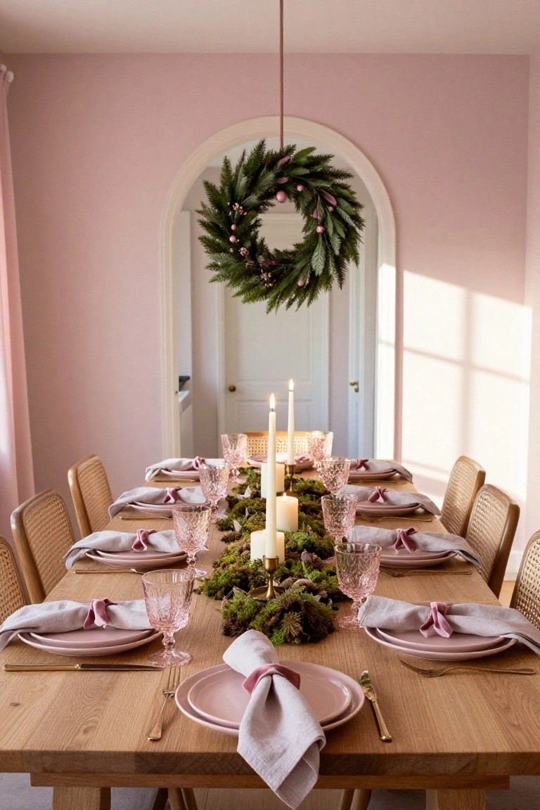A wreath made of purple lavender flowers, eucalyptus leaves, and pinecones hangs on a white wall above a mauve velvet sofa in a living room with a lamp on a wooden side table, books, and a cream ottoman.
