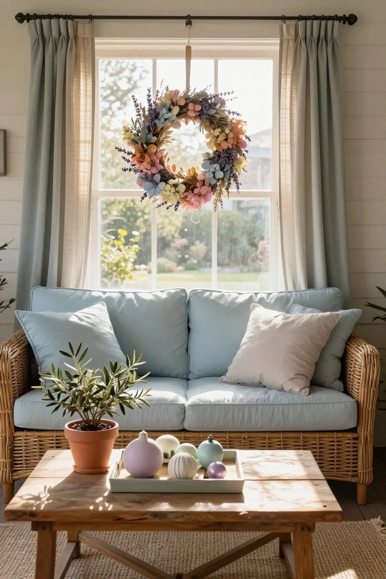 Cozy indoor window nook with low white bookshelves holding colorful children's books, a rattan rocking chair with cream cushions and throw, floor pillows, star-shaped lamp, and pastel dried flower wreath hanging in the window.