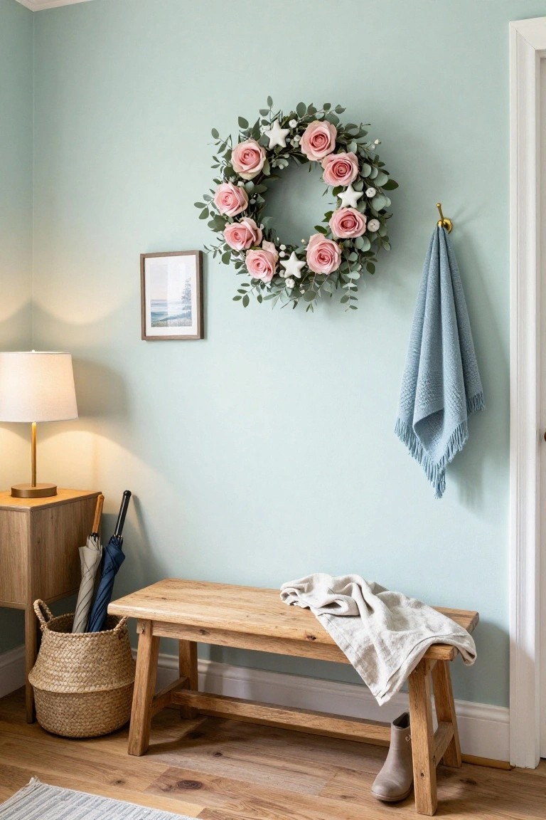 Sage green front door with a circular wreath of eucalyptus, peach roses, dried grasses, and a beige burlap bow, beside a wooden bench holding a woven tray with white bowl, stacked books, gold mirror, and umbrella.