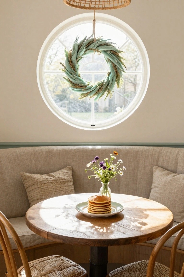 Interior view of a staircase with a large olive leaf wreath featuring pale roses and berries hung on a round mirror, a gold sunburst mirror nearby, wooden shelf holding a candle and pinecone bowl, beige throw on railing, and seagrass runner on oak steps.
