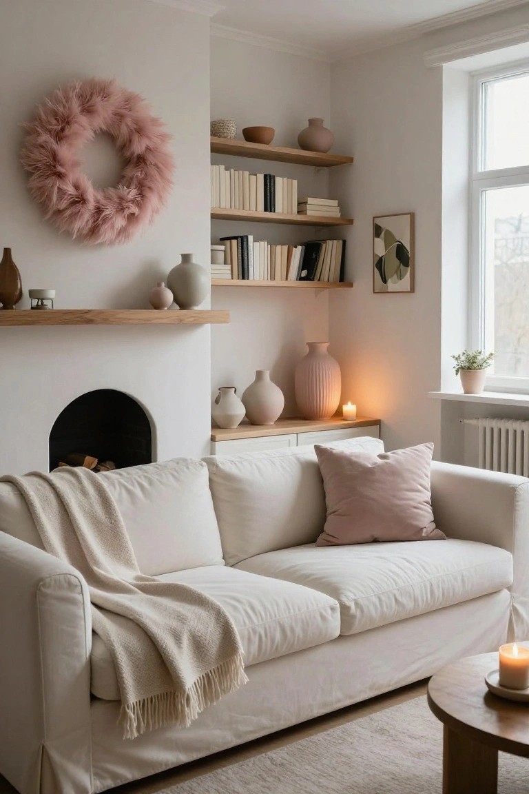 Living room fireplace mantel holding a wreath of blue and purple hydrangeas with pink pears and evergreen branches, next to a white vase of blue hydrangeas, a blue velvet ring candleholder, and a cream sofa on a jute rug.