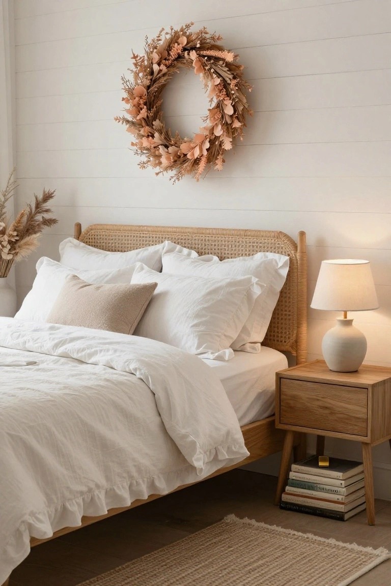 Nursery corner with beige walls, a rattan changing table dresser topped with white changing pad and wooden toys, a pastel pom-pom wreath hanging above, a white mobile lamp nearby, woven baskets below, and a pink rocking chair in front.