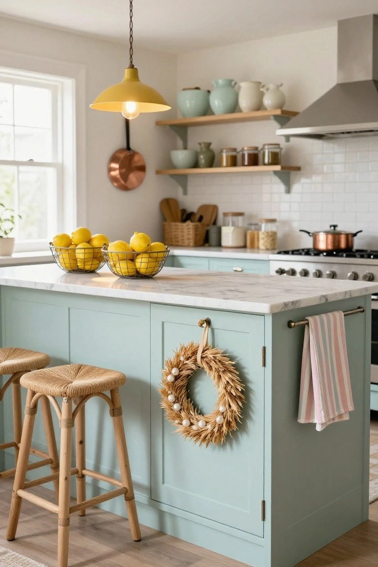 Teal eucalyptus and pink pampas wreath with beige satin bow hanging on white paneled kitchen cabinet door above farmhouse sink, with beige mugs on oak open shelves, small plant on windowsill, monstera in orange pot, and wood table with stool nearby.