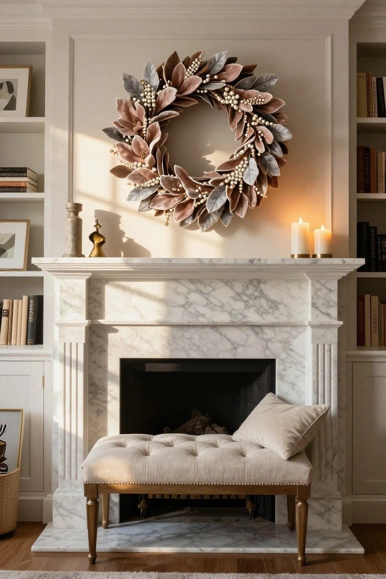 Round white-framed window with hanging blue-toned dried flower wreath above wooden pedestal table set with white plates and glass vase of eucalyptus leaves in light gray banquette booth with striped pillows.