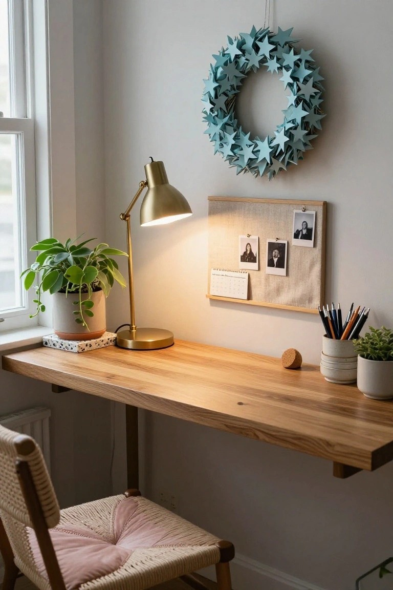 A home office desk made of wood with angled legs, holding a closed MacBook laptop, stacked notebooks tied with twine, colored pencils in a ceramic holder, a framed watercolor leaf print, and a gold desk lamp, next to a light gray wall with a eucalyptus and lavender wreath, a potted plant on the windowsill, and a gray upholstered chair.