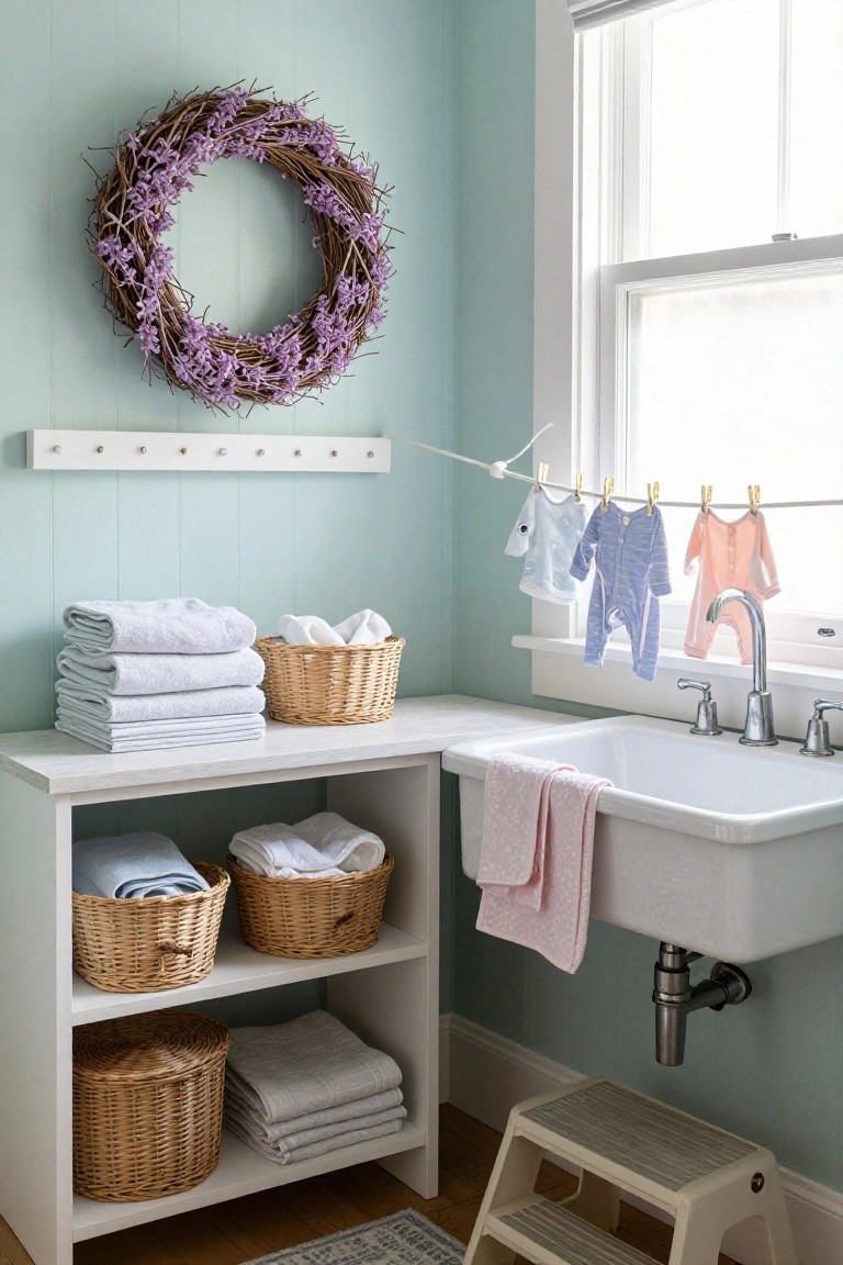 Open white shiplap-lined cabinets above a white utility sink with brass faucet in a laundry room, featuring a teal artificial wreath with cotton bolls on the wall, glass jars with powder, woven baskets, and a striped towel hanging nearby.