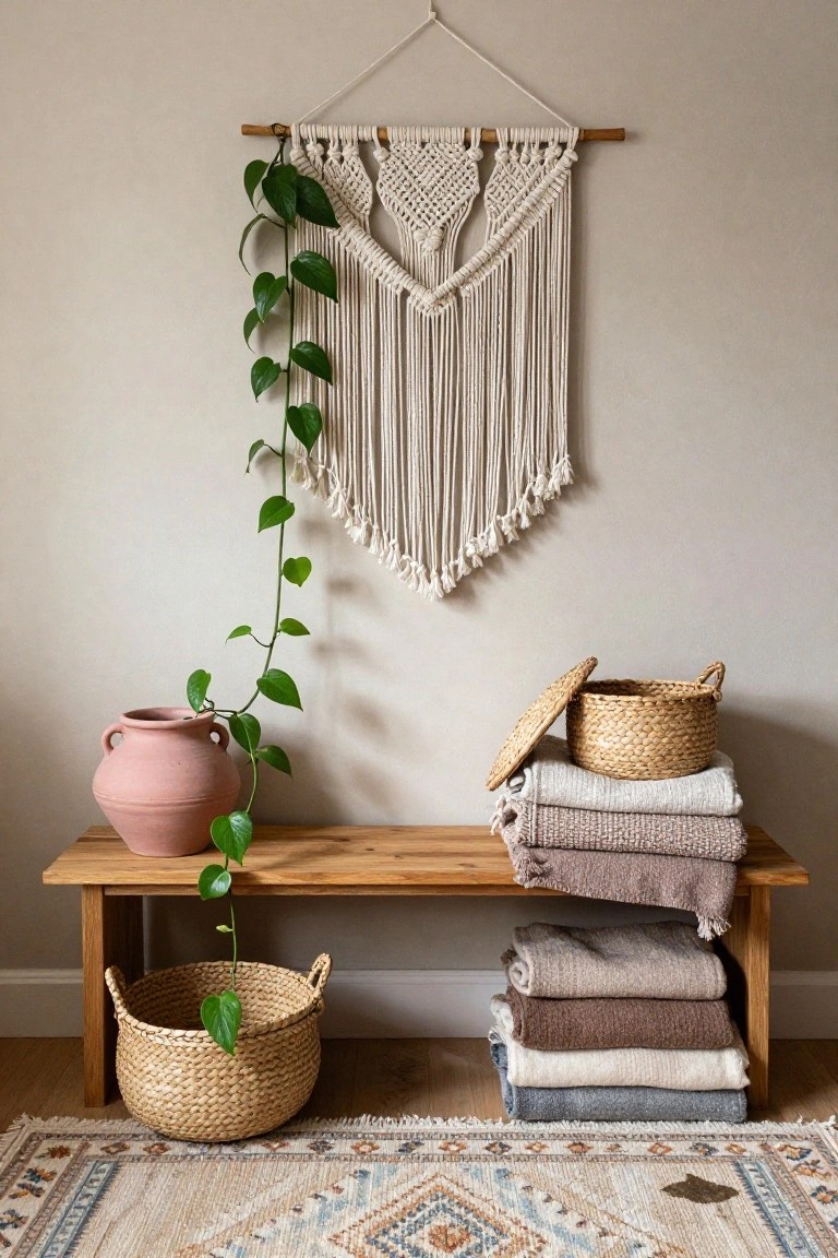 Cozy indoor corner featuring a wreath of purple protea flowers, pampas grass, and beads hanging near a window, with pampas in a beige vase, stacked woven placemats and lit candles on a wooden table covered by a white linen runner, plus terracotta and beige pottery vases and wooden chairs.