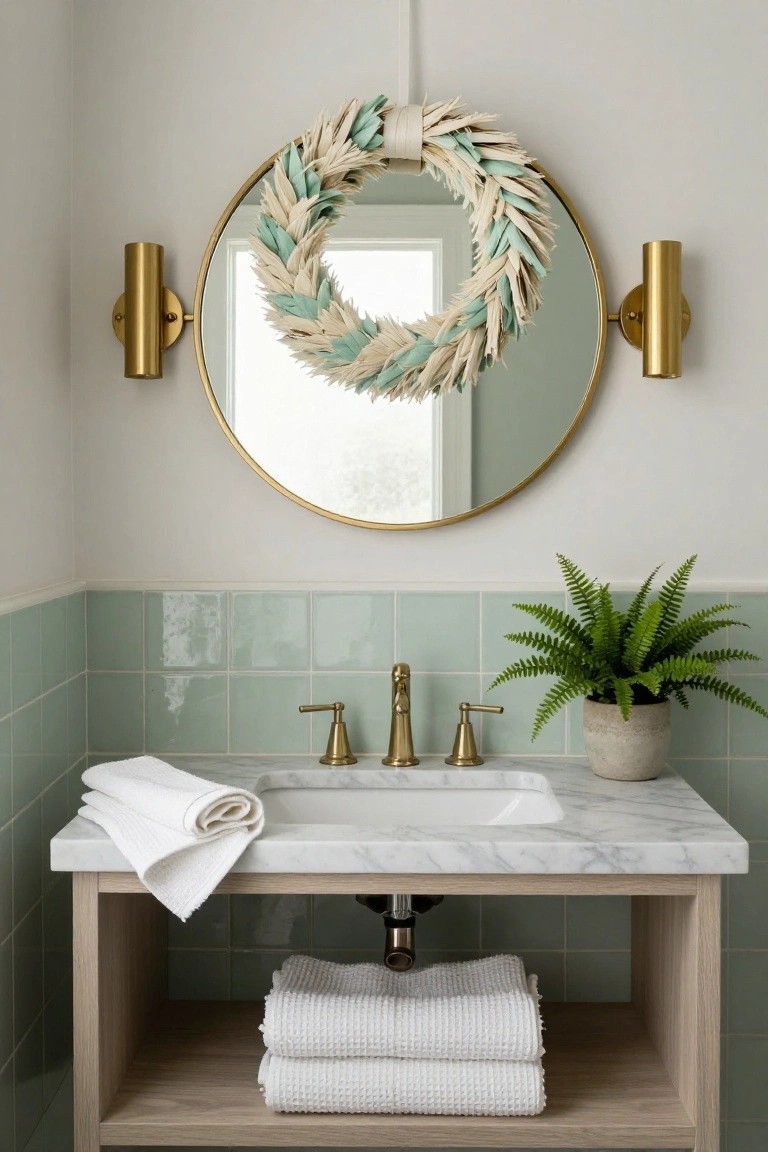White shiplap entryway wall with green succulent, pampas grass, and shell wreath hanging from a ribbon between two gold hooks holding white towels, above a linen-upholstered bench with pillows and seagrass baskets storing shoes underneath, beside a white door and framed map.