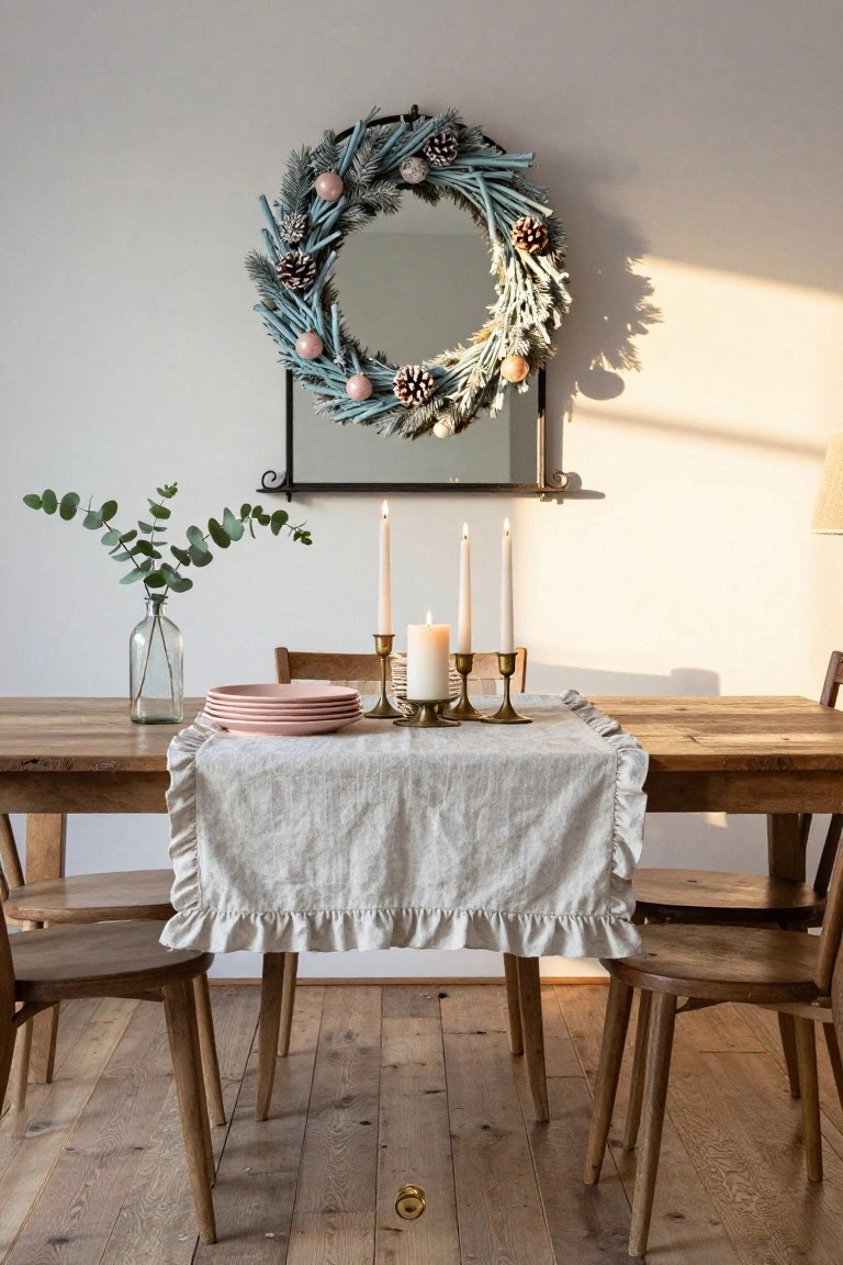 Dining room interior with round wooden table set with white napkins and plates, four rattan chairs, wooden sideboard holding brass candlestick and bowl of pears, large wreath of green rosemary, pampas grass, and pinecones on whitewashed shiplap wall beside window.