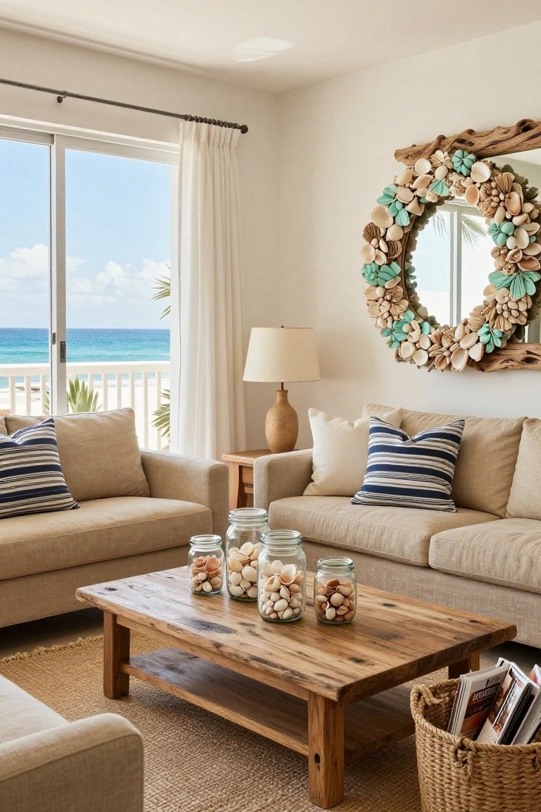 Round mirror framed by a wreath of dried flowers, roses, eucalyptus, and shells above a black floating shelf with two glass bottles, a terracotta vase of eucalyptus, and a white towel on a towel bar in a light gray-walled bathroom with hexagonal floor tiles.
