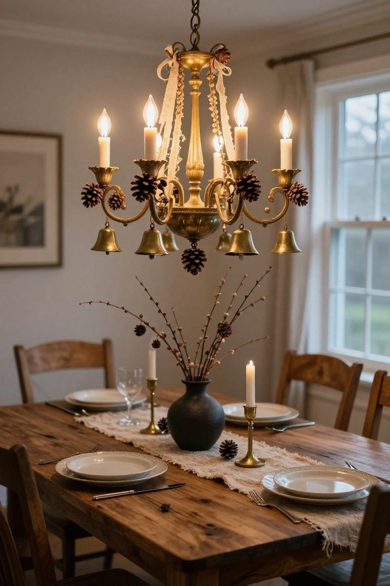 A brass chandelier decorated with pinecones, bells, ribbons, and lit candles hangs above a wooden dining table set with white plates, glasses, candles, a black vase of pussy willow branches, and pinecones.