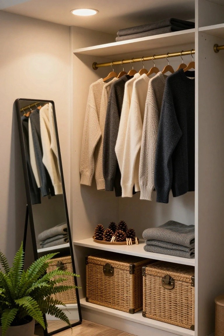 Open white wardrobe with hanging neutral sweaters on a brass rod, full-length black mirror, potted green plant, woven storage baskets, folded gray blankets, and a wooden tray of pinecones and wooden sticks on a lower shelf.