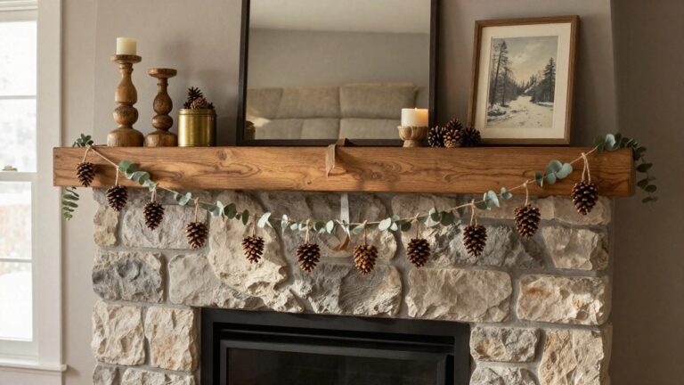 Wooden mantel shelf over stone fireplace with pinecone and eucalyptus garland draped along it, pinecone-filled basket, wooden candlestick, brass cup, candles, and black-framed print of snowy mountains beside a window.