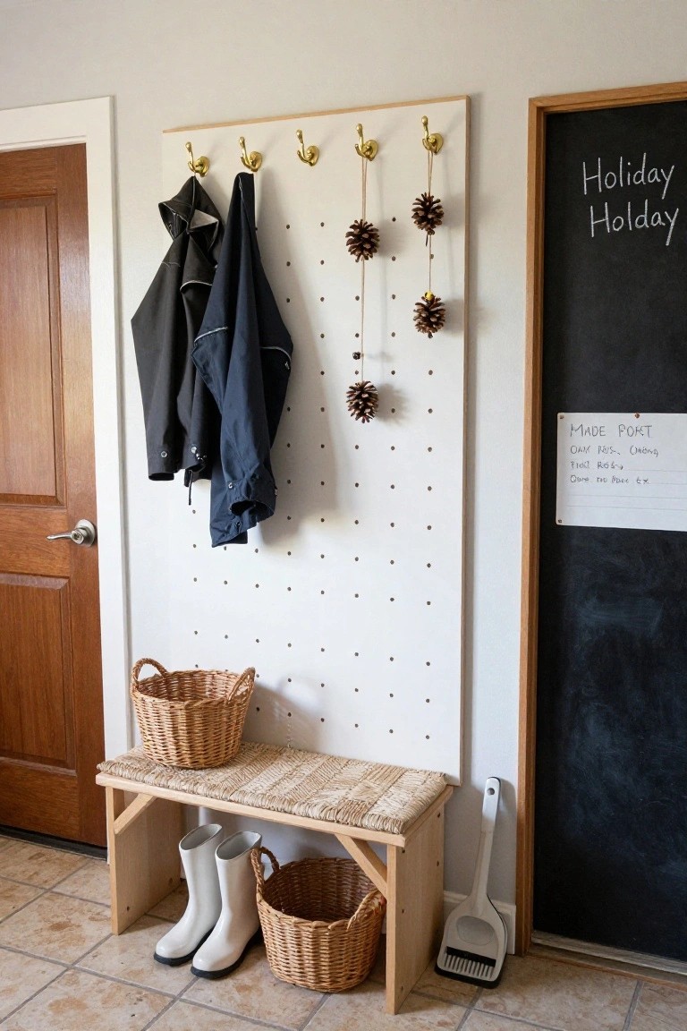 White pegboard wall with gold hooks holding dark coats and strings of pinecone ornaments, wooden bench with woven seat and baskets holding white boots, chalkboard with holiday writing, and broom nearby in home entryway.