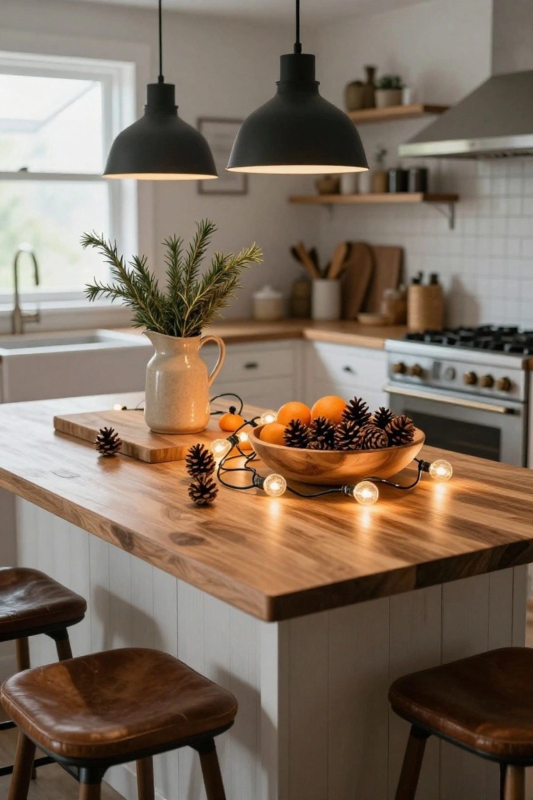 Kitchen island with a wooden bowl filled with oranges and pinecones wrapped in fairy lights, wooden cutting board nearby, single pinecones on the counter, leather bar stools, pendant lights overhead, and kitchen elements in the background.