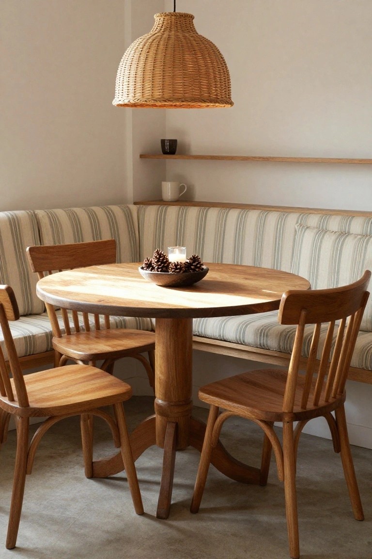Round wooden dining table in a corner booth with striped bench seating and wooden chairs, centered with a shallow bowl of pinecones, under a woven pendant lamp.