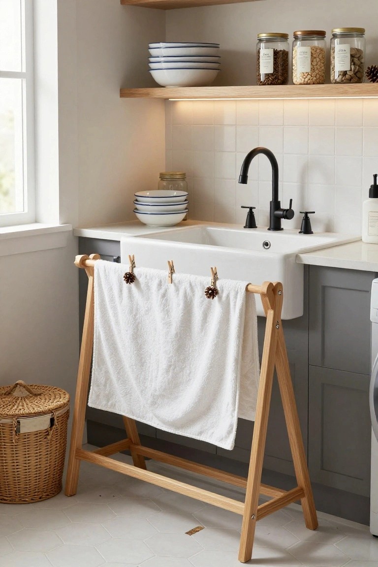 Wooden A-frame towel rack with a white towel draped over it and secured by wooden clothespins holding small pinecones, positioned next to a white farmhouse sink in a light kitchen with gray cabinets and wooden shelves.