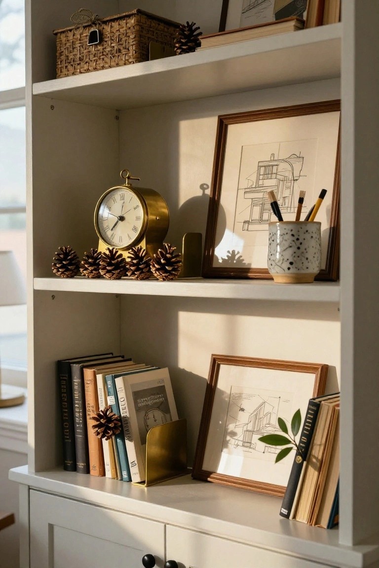 White open bookshelf with stacks of books, clusters of pinecones, gold alarm clock, framed line drawings, bookends, and a ceramic mug holding paintbrushes.
