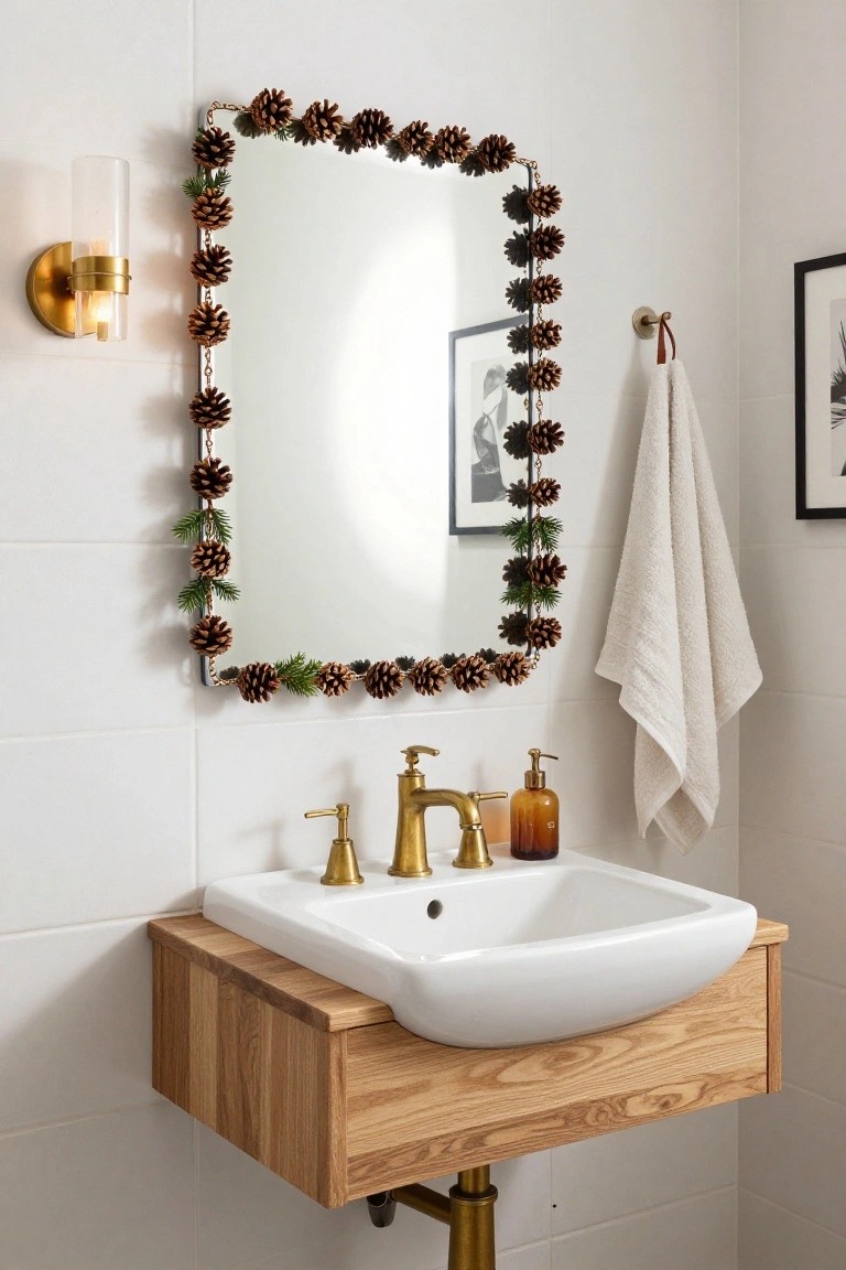 Rectangular bathroom mirror framed with pinecones and greenery sprigs on thin gold chain, above white sink on oak floating vanity with gold faucet and handles, white subway tile walls, wall sconce, and hanging towel.