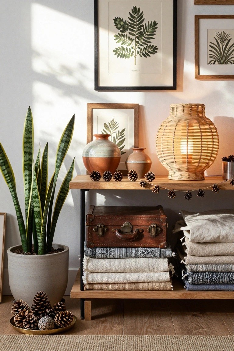 Open wooden shelf unit in a light-filled room displaying stacked linens, a leather trunk, pottery vases, a rattan lamp, framed leaf prints, a potted snake plant, pinecone garland, and pinecone clusters on the floor.