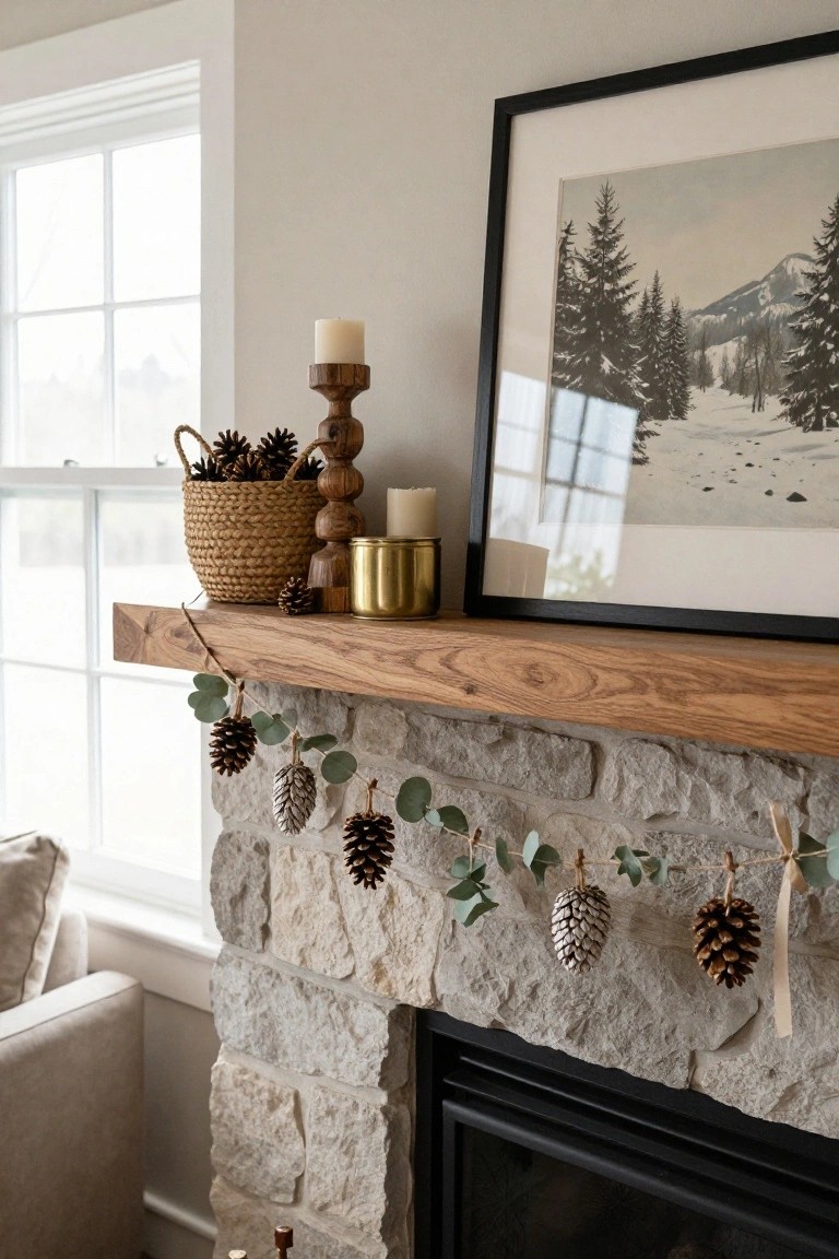 Wooden mantel shelf over stone fireplace with pinecone and eucalyptus garland draped along it, pinecone-filled basket, wooden candlestick, brass cup, candles, and black-framed print of snowy mountains beside a window.