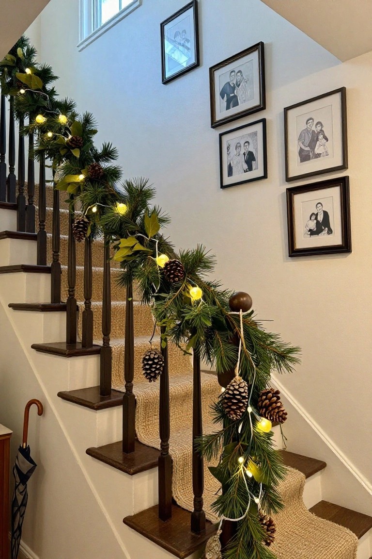 Wooden staircase with dark balusters and beige carpet runner, decorated with garland of pine branches, magnolia leaves, pinecones, and white string lights along the railing, black and white family photos in frames on the white wall, and a patterned umbrella at the base.