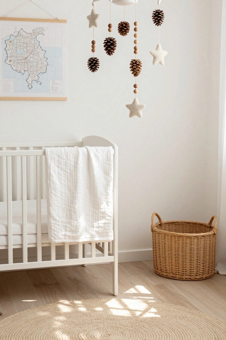 White wooden crib with draped white blanket in a light nursery room, featuring a hanging mobile of pinecones, wooden beads, and white felt stars, beside a framed map of a region and a wicker basket on light wood floors with a round beige rug.
